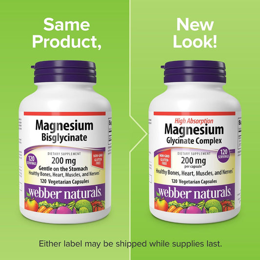 Webber Naturals Magnesium Glycinate 200mg, High Absorption, 120 Capsules | Magnesium Bisglycinate Supplements for Relaxatio, Sleep, Inner Calm, Sleep , Bones, Heart, Muscles & Nerves