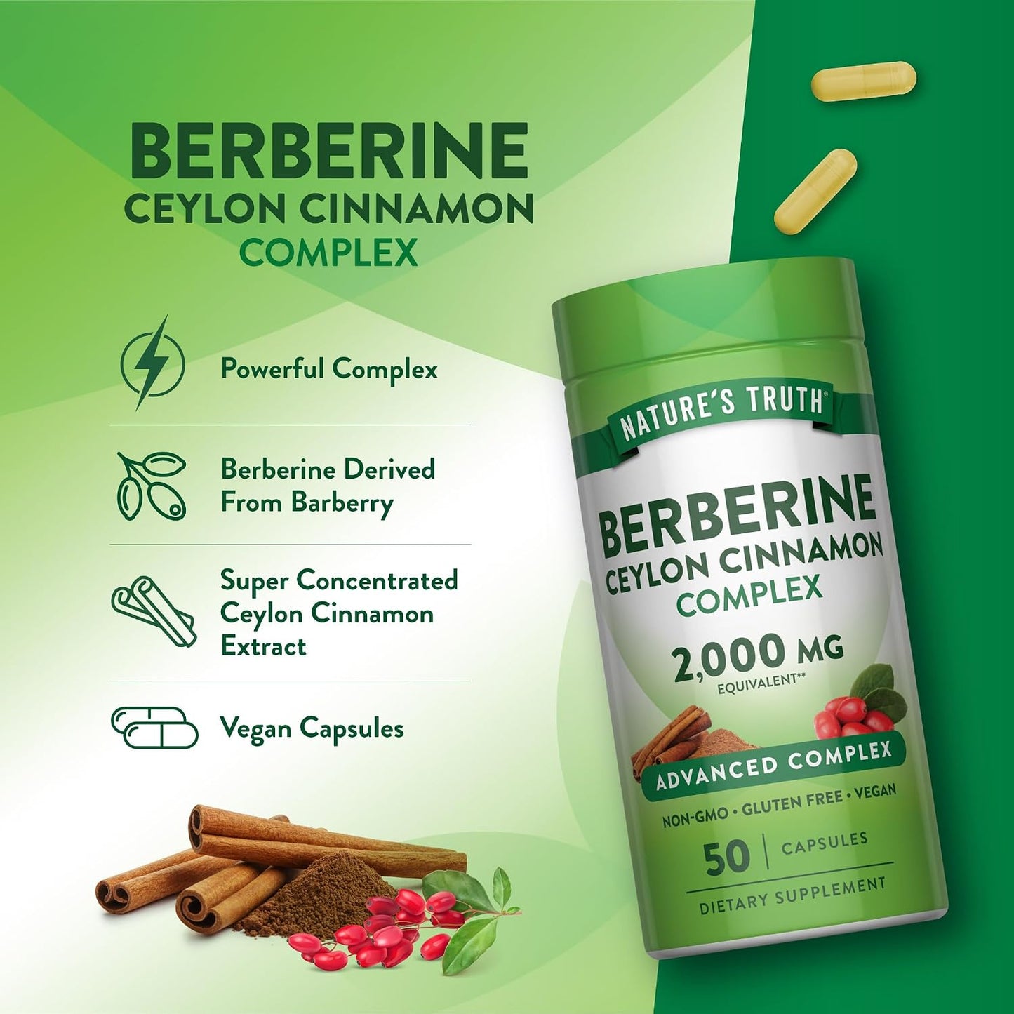 Nature's Truth Berberine with Ceylon Cinnamon Complex | 50 Vegan Capsules