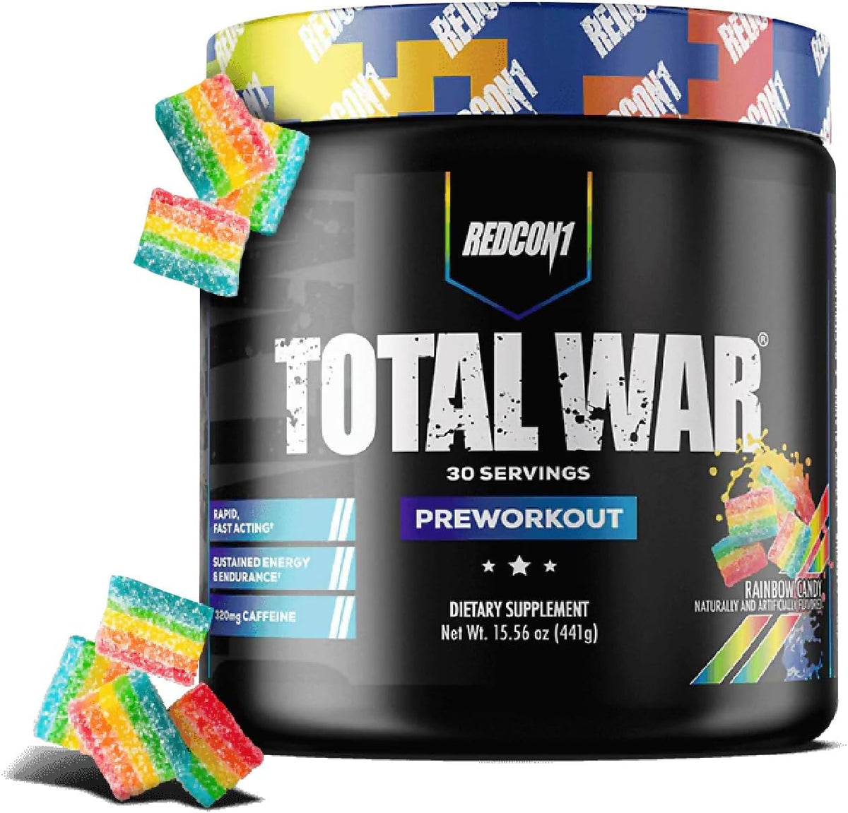 REDCON1 Total War Preworkout 441G - Contains 320mg of Caffeine from Green Tea, Juniper & Beta Alanine - Pre Work Out with Amino Acids to Increase Pump, Energy + Endurance (Rainbow Candy, 30 Servings)