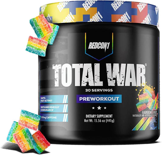 REDCON1 Total War Preworkout 441G - Contains 320mg of Caffeine from Green Tea, Juniper & Beta Alanine - Pre Work Out with Amino Acids to Increase Pump, Energy + Endurance (Rainbow Candy, 30 Servings)