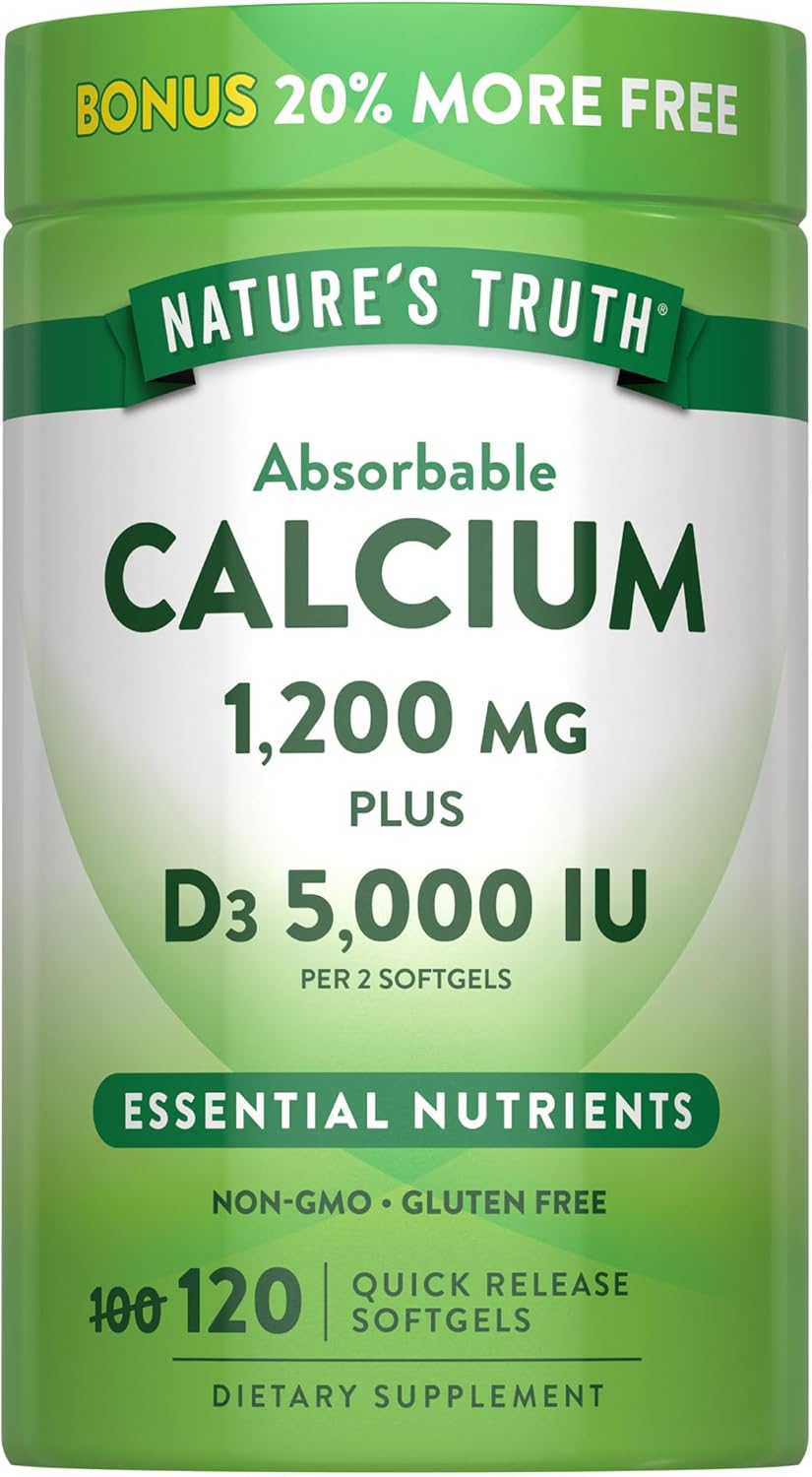 Nature's Truth Absorbable Calcium | 1200 mg | with Vitamin D3 5000 IU | 120 Softgels | Calcium Carbonate | Non-GMO & Gluten Free