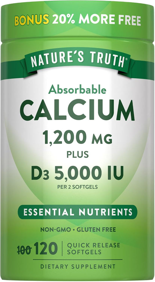 Nature's Truth Absorbable Calcium | 1200 mg | with Vitamin D3 5000 IU | 120 Softgels | Calcium Carbonate | Non-GMO & Gluten Free