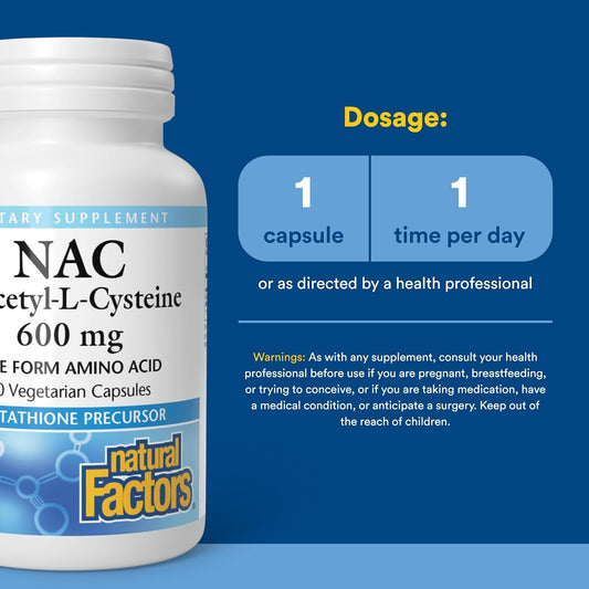 Natural Factors N-Acetyl-L-Cysteine 600 mg - Supports Healthy Liver & Lungs - Antioxidant Support Supplement Supports Immune System Health - 60 Vegetarian Capsules (60 Servings)