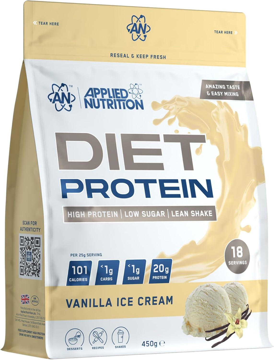 Applied Nutrition Diet Whey - High Protein Powder Supplement, Low Carb & Sugar, for Weight Management with CLA, L Carnitine, Green Tea (450g - 18 Servings) (Vanilla)