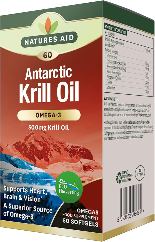 Natures Aid Krill Oil 500mg – 60 Softgels | High Omega-3 EPA & DHA, Supports Heart, Brain & Vision, High Absorption Phospholipids & Astaxanthin