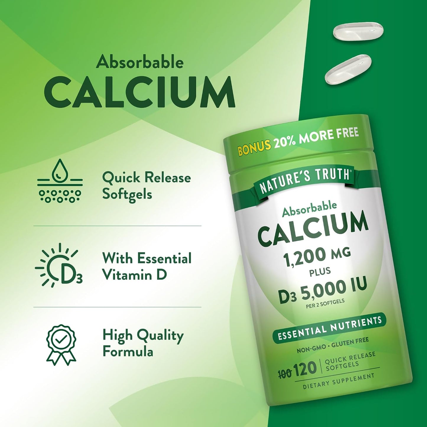 Nature's Truth Absorbable Calcium | 1200 mg | with Vitamin D3 5000 IU | 120 Softgels | Calcium Carbonate | Non-GMO & Gluten Free