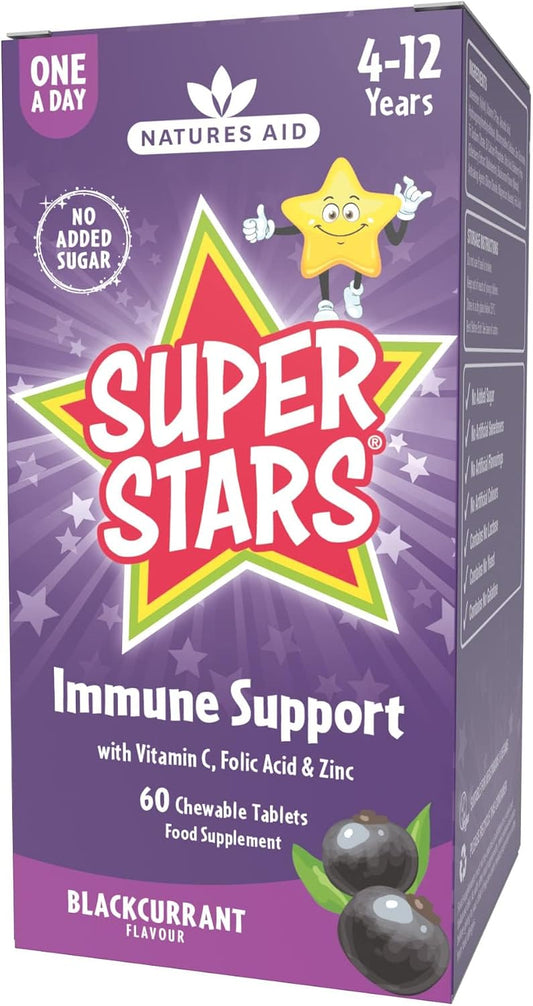Natures Aid Super Stars Immune Support Chewable Supplement – 60 Tablets | Vitamin C, Zinc, Elderberry & Folic Acid, For Kids Ages 4-12, Supports Immunity, Growth & Energy, Vegan