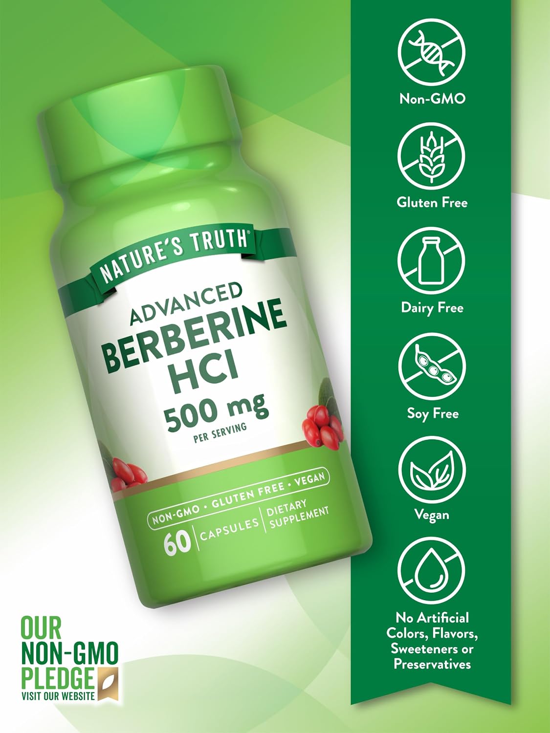 Nature's Truth Berberine HCl 500mg | 60 Capsules | from Barberry Extract | Vegan, Non-GMO, and Gluten Free Supplement