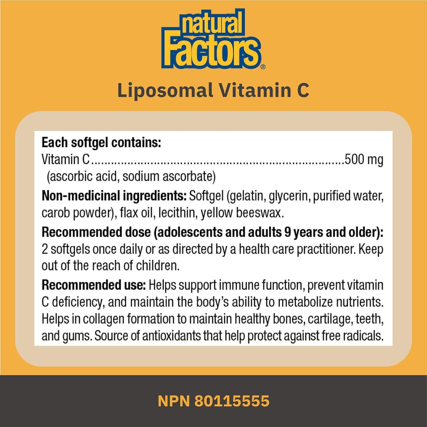 Natural Factors Liposomal Vitamin C 500mg, 90 Liquid Softgels | High Absorbtion Vit C, 1000 mg per Serving (2 Softgels), Immune Support, Antioxidants