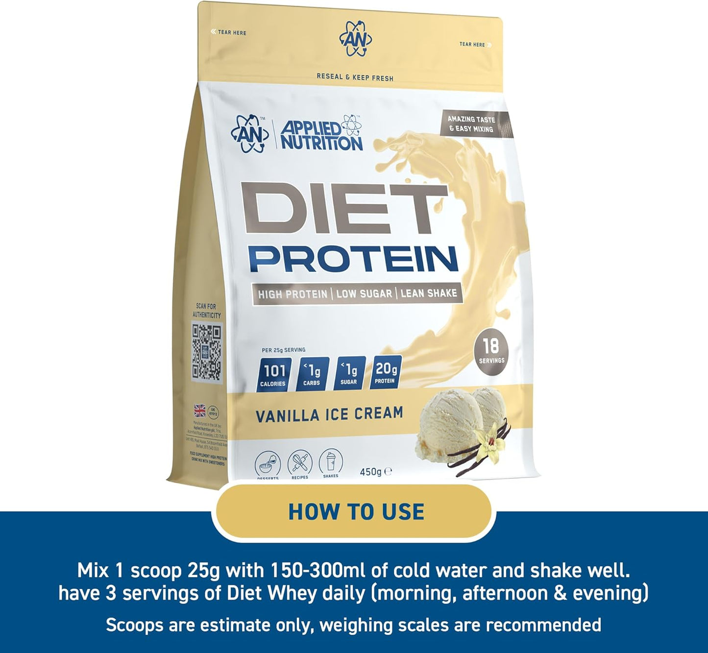 Applied Nutrition Diet Whey - High Protein Powder Supplement, Low Carb & Sugar, for Weight Management with CLA, L Carnitine, Green Tea (450g - 18 Servings) (Vanilla)