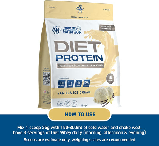 Applied Nutrition Diet Whey - High Protein Powder Supplement, Low Carb & Sugar, for Weight Management with CLA, L Carnitine, Green Tea (450g - 18 Servings) (Vanilla)