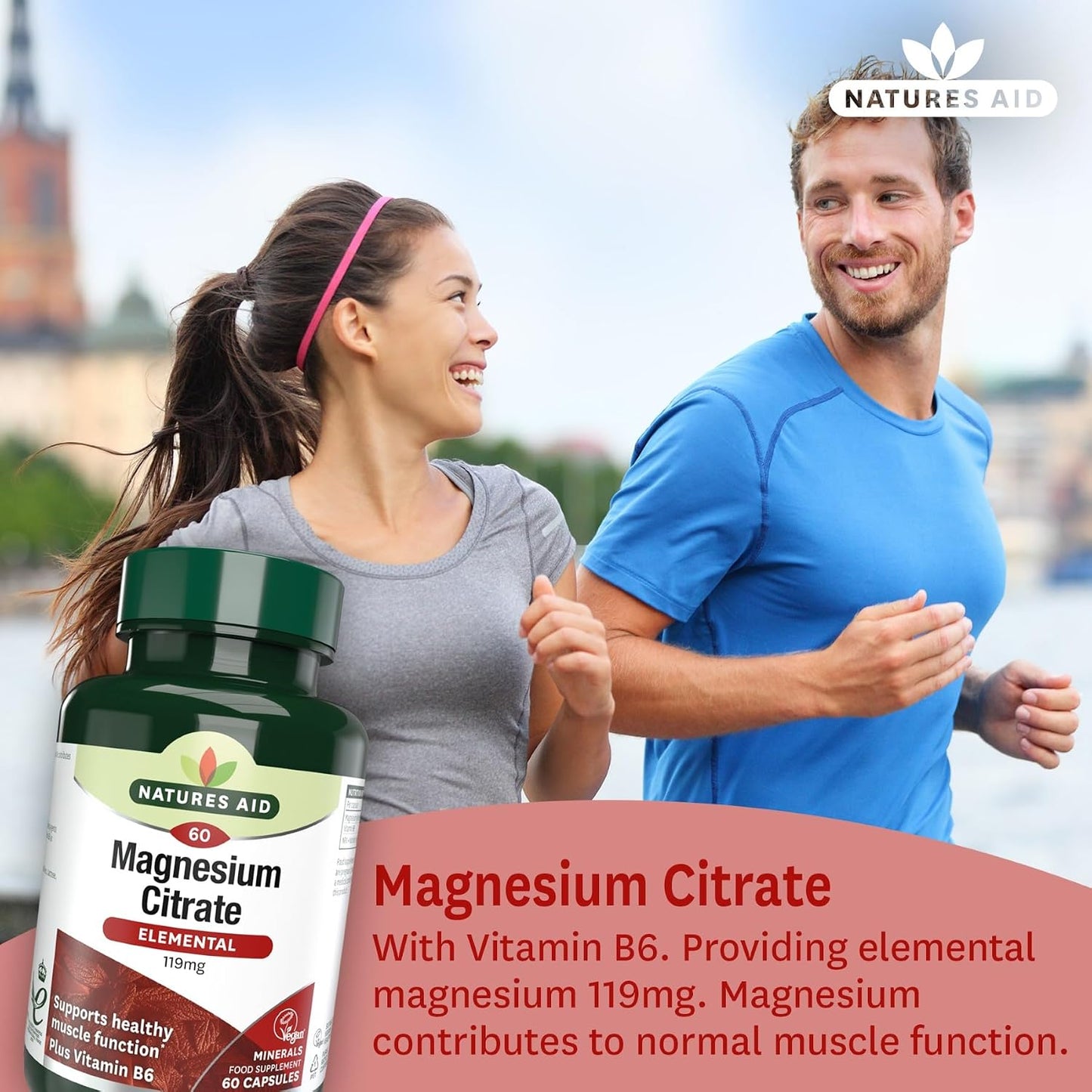 Natures Aid Magnesium Citrate 750mg with Vitamin B6 – 60 Capsules | High Absorption Vegan Formula, Supports Muscle, Nerve & Bone Health and Stress Relief, Non-GMO