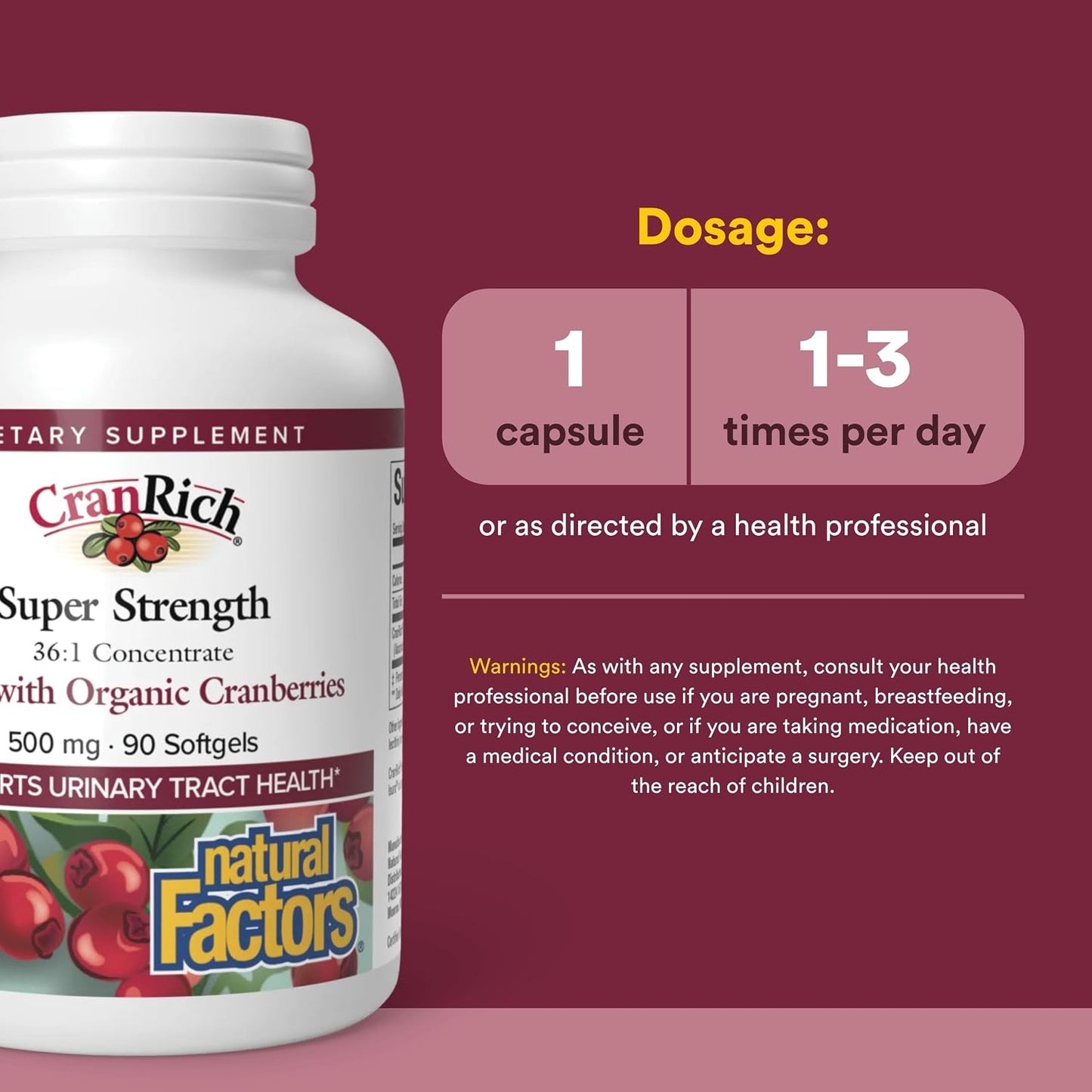 CranRich by Natural Factors, Super Strength Cranberry Concentrate, Antioxidant Supplement for Urinary Tract Support, Non-GMO, 90 softgels (90 servings)