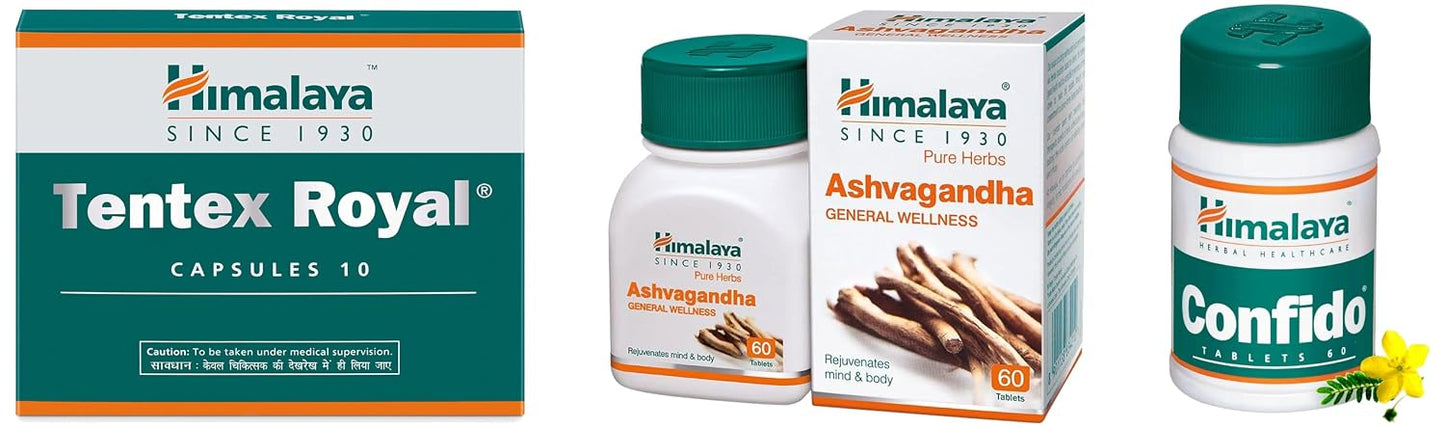 Himalaya Tentex Royal (10 Caps), Ashvagandha Tablets (60 Tabs) for Stress Relief, & Confido (60 Tabs) for Men’s Confidence & Performance-Sexual Health-Erection-Libido-Sexual Desire