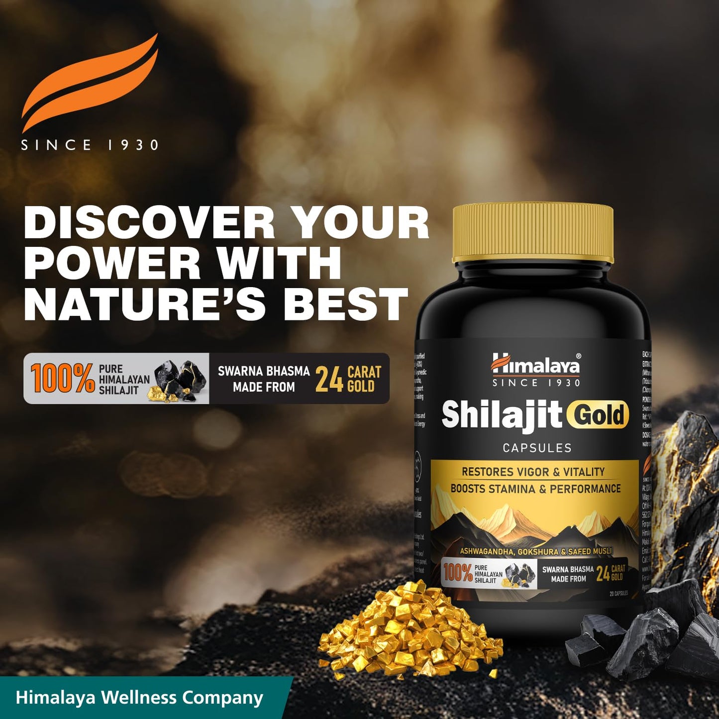 Himalaya Shilajit/Shilajeet Gold 20 Capsules | 100% Pure Himalayan Shilajit + 24 Carat Gold | 20 Capsules | Restores Vigor and Vitality | Boosts Stamina and Performance