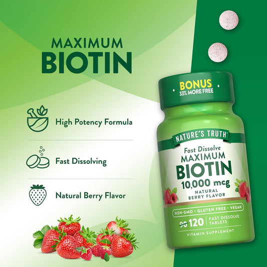 Nature's Truth Biotin 10000mcg | 120 Fast Dissolve Tablets | Maximum Strength | Natural Berry Flavor