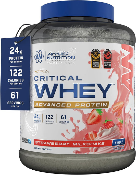 Applied Nutrition Critical Whey Protein Powder - Strawberry Milkshake | 24g Protein per Serving, High Protein Powder, Protein Shake with BCAAs & Glutamine (2Kg - 61 Servings)