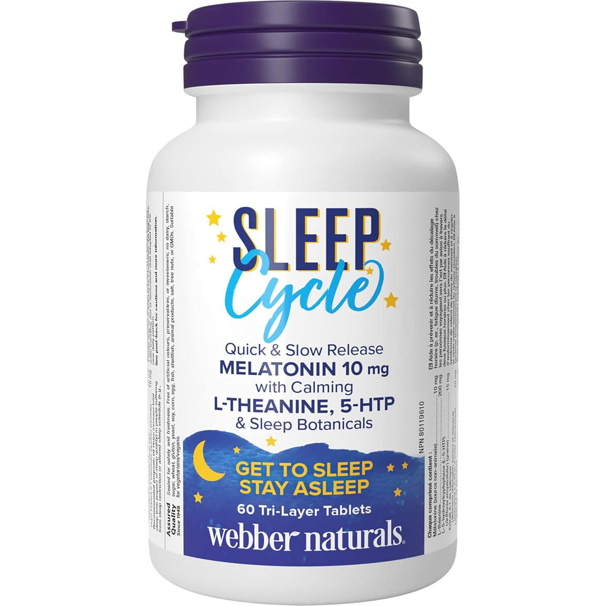 Webber Naturals Sleep Cycle Melatonin with L-Theanine, 5-HTP & Sleep Botanicals, 60 Tri-Layer Tablets, For Sleep, Inner Calm, Stress & Anxiety Support, Vegan