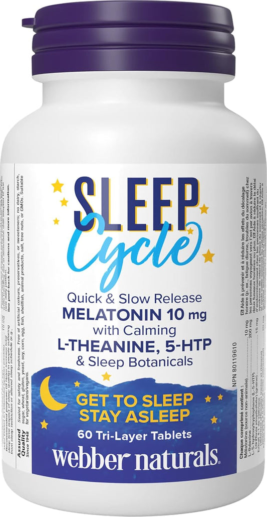 Webber Naturals Sleep Cycle Melatonin with L-Theanine, 5-HTP & Sleep Botanicals, 60 Tri-Layer Tablets, For Sleep, Inner Calm, Stress & Anxiety Support, Vegan