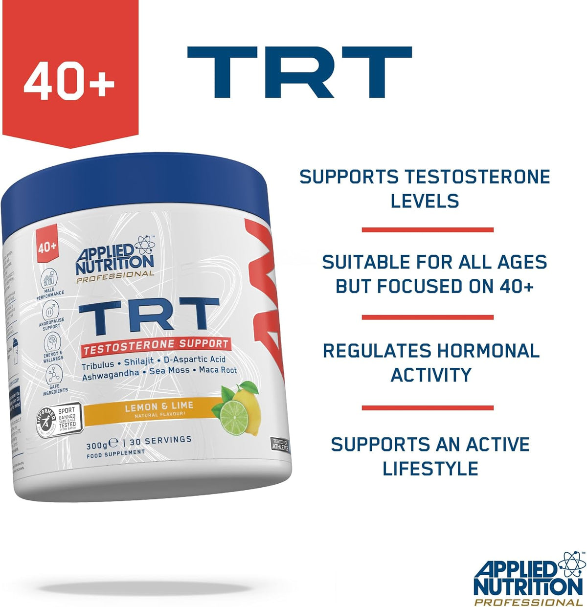 Applied Nutrition TRT TESTOSTERONE  for Men Over 40 | Zinc, Magnesium, D-Aspartic Acid, Maca, Ashwagandha & Sea Moss | Informed Sport – Lemon & Lime (300g – 30 Servings)