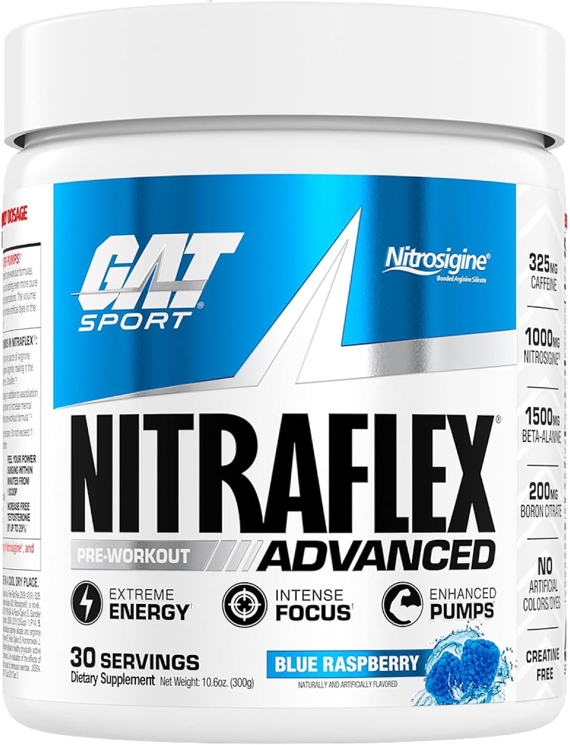 GAT SPORT NITRAFLEX Advanced, Blue Raspberry, 300G (30 Servings) | Pre-Workout Powder, Energy Drink Mix, Supports Healthy Blood Flow, Boosts Strength & Energy, Creatine-Free
