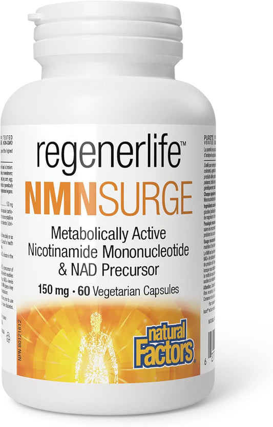 Natural Factors Regenerlife NMN SURGE 150mg 60 Vegetarian Capsules | Beta Nicotinamide Mononucleotide - The Most Active Form of NMN, Source of Vitamin B3, NAD Precursor