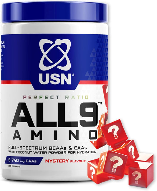 USN All9 Amino EAA Recovery Drink | 330g – 30 Servings | Mystery Flavour | 4000mg BCAAs & 1300mg L-Glutamine Per Serving | Coconut Water Electrolytes