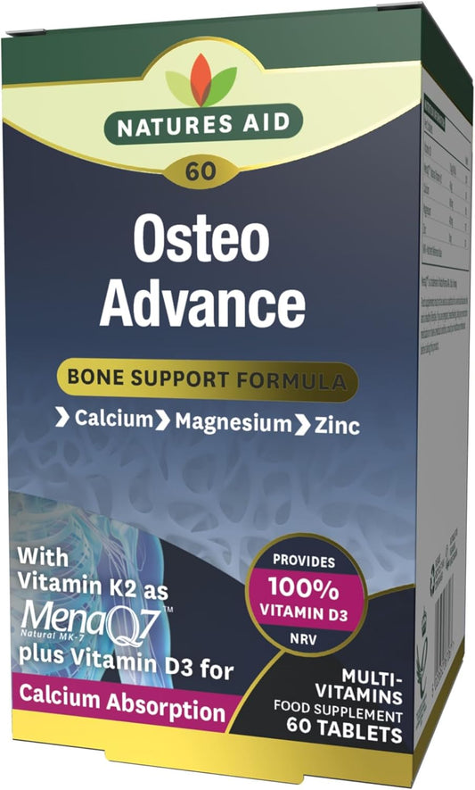 Nature's Aid Osteo Advance Bone Support Formula 60 Tablets - Calcium, Magnesium, Zinc, Vitamin D3 & K2 (MenaQ7), Bone Strength, Teeth Health & Calcium Absorption,