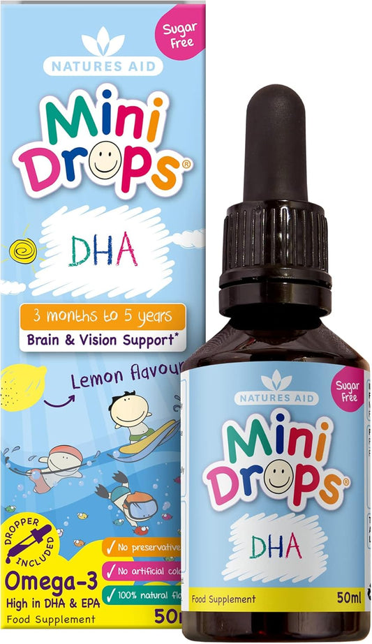 Natures Aid DHA Omega-3 Mini Drops for Babies, Kids & Children 50ml | Supports Brain & Vision Health, Sugar-Free, Vegan, Gluten-Free, Non-GMO, Ages 0-5, Dropper Included