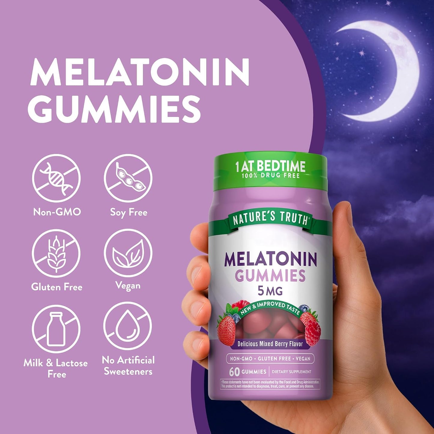 Nature's Truth Melatonin Gummies 5mg | 60 Count | Mixed Berry Flavor | Vegan, Non-GMO & Gluten Free