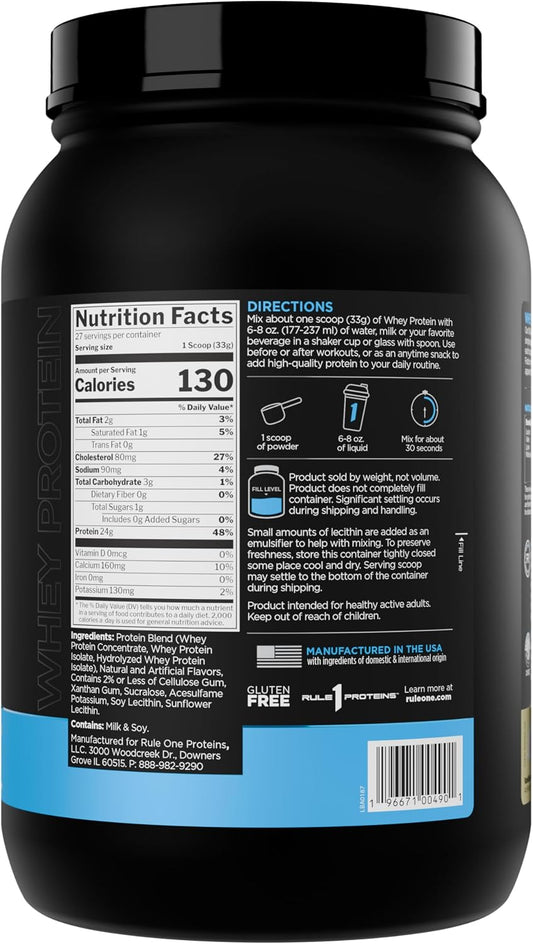 Rule 1 Proteins Whey Protein Powder 891g, Vanilla Ice Cream, 27 Servings -24g Fast-Acting Protein from All-Whey Sources with Naturally Occurring EAAs & BCAAs for Workout Recovery or Anytime Use