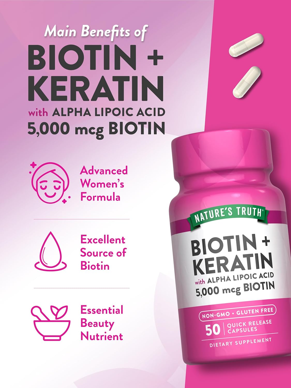 Nature's Truth Biotin 5000 mcg | 50 Capsules | with Keratin and Alpha Lipoic Acid | Non-GMO & Gluten Free