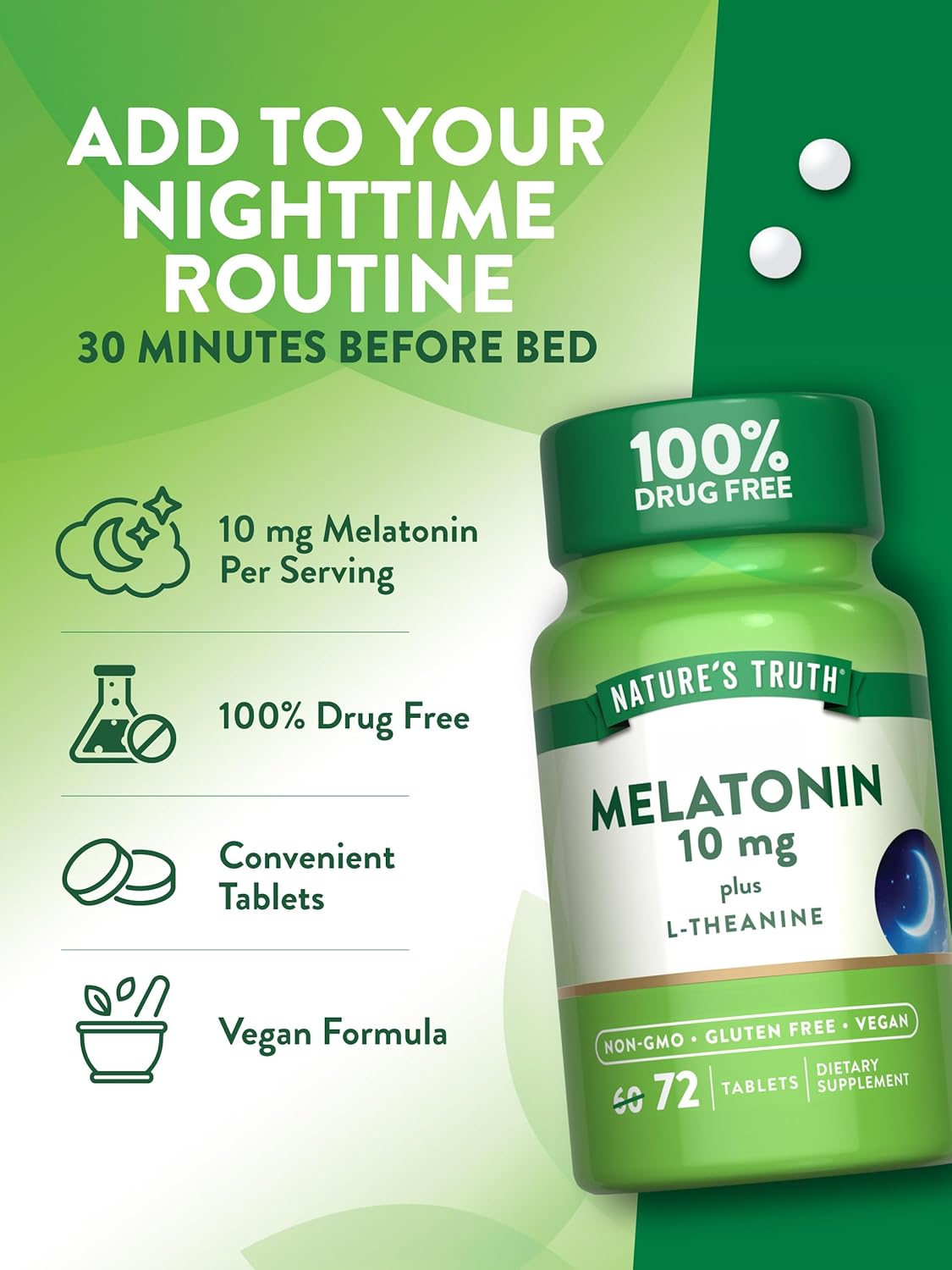 Nature's Truth Maximum Strength Melatonin 10 mg Plus L-Theanine Capsules, 72 Count