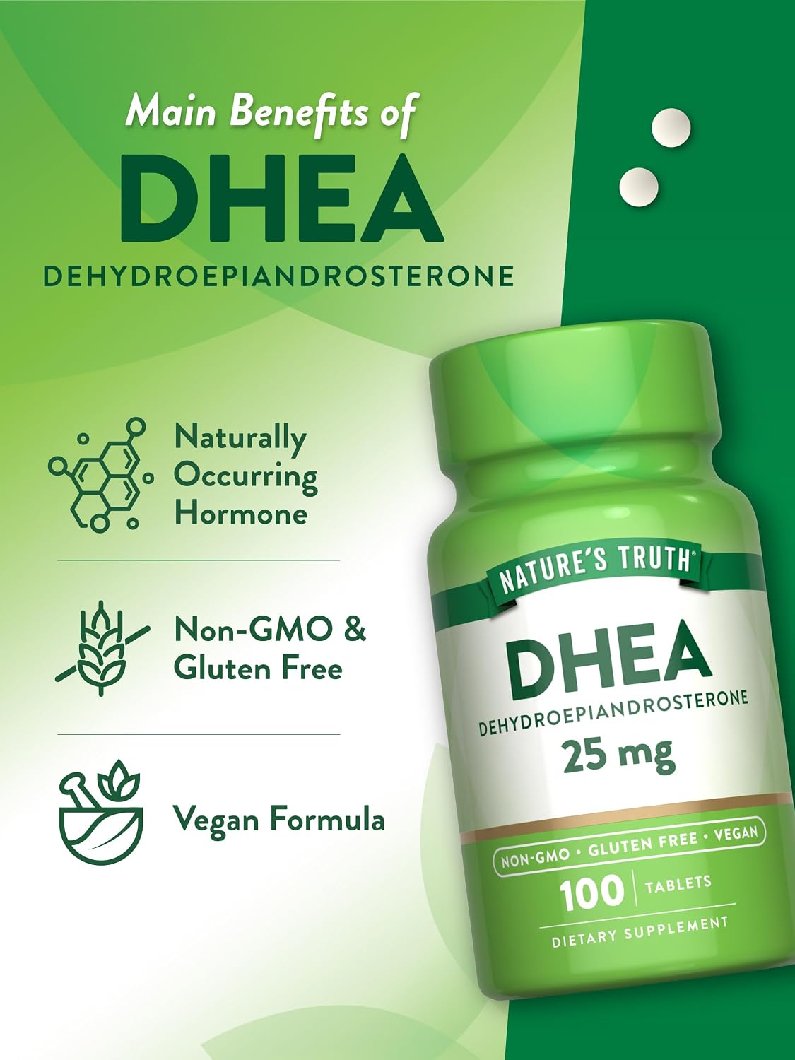 Nature's Truth DHEA 25mg Tablets | 100 Count | Vegan, Non-GMO & Gluten Free Supplement | Vegan, Non-GMO & Gluten Free