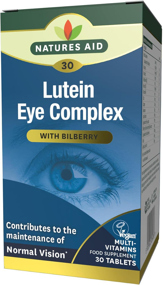 Natures Aid Lutein Eye Complex Supplement – 30 Tablets | High Strength Vision Support with Bilberry, Zinc & Vitamins C, E, Antioxidant, Vegan, No Artificial Additives