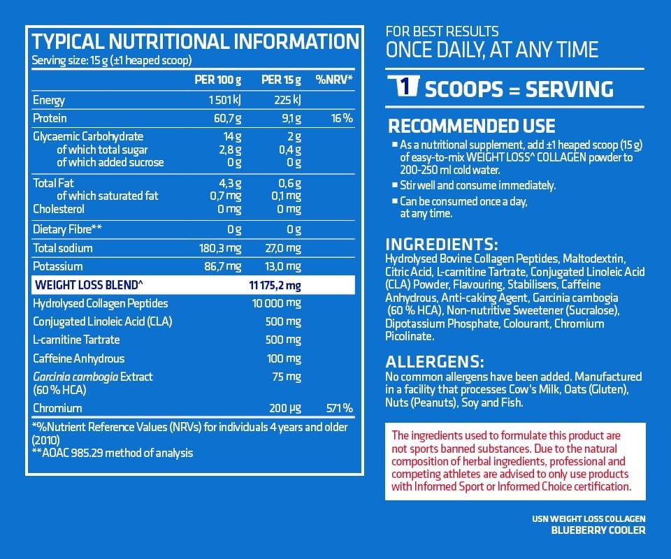 USN Wellness Blueberry Cooler Flavoured Weight Loss Collagen Powder 300 g-Boost Your Beauty & Burn Fat Naturally