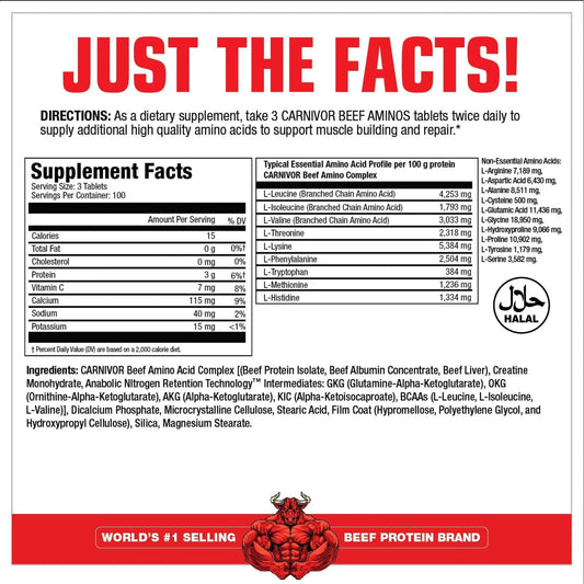 MuscleMeds Carnivor Beef Aminos, Beef Protein Isolate, Liver, Albumin, Creatine, BCAAs for Recovery and Muscle Growth, 300 Tablets
