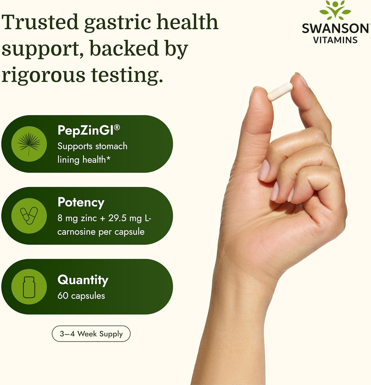 Swanson Zinc Carnosine (PepZinGI) Gastric Health Supplement, 60 Capsules | For Digestive-Sensitive Adults Seeking Stomach Lining Support, Patented PepZinGI Zinc and L-Carnosine