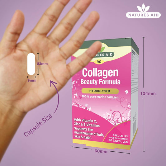 Natures Aid Collagen Beauty Formula Supplement – 90 Capsules | Marine Collagen with Vitamin C, Zinc, Biotin & B Vitamins, Supports Skin, Hair & Nail Health, High Strength