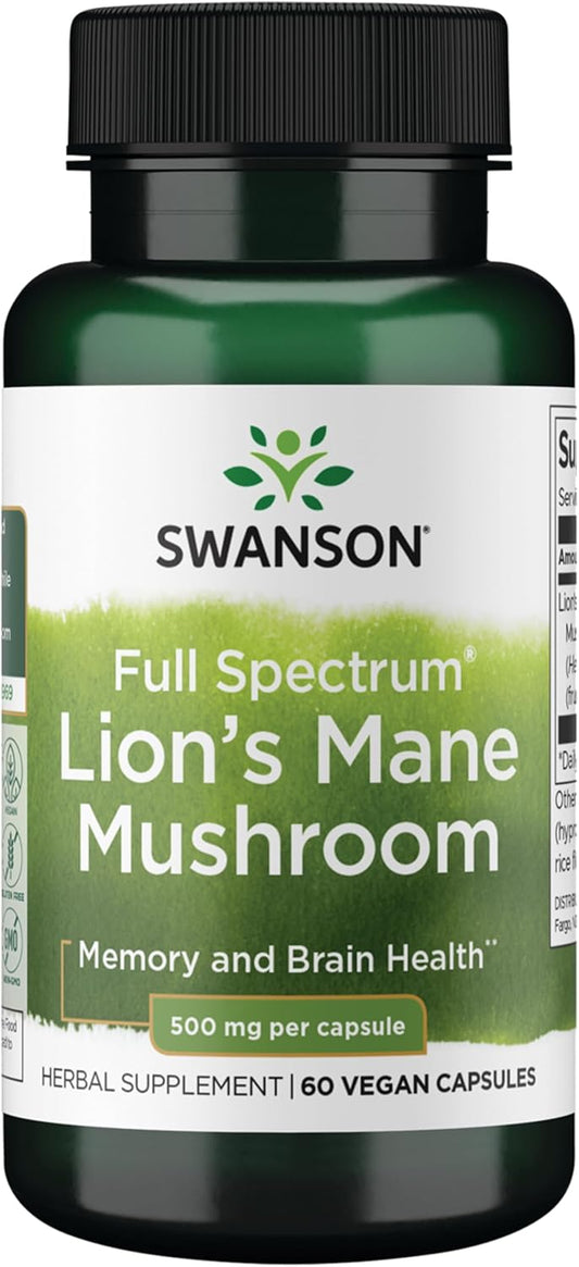 Swanson Lion's Mane Mushroom, 500 mg, 60 Vegan Capsules, | For Professionals Seeking Mental Focus, Memory, and Clarity Support, Supports Healthy Nerve Cell Growth