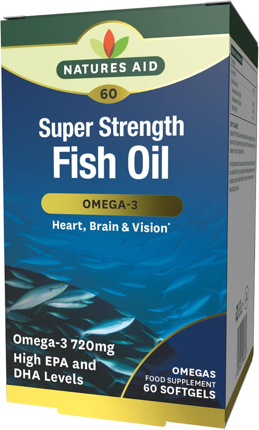 Natures Aid Super Strength Omega-3 Fish Oil 1200mg – 60 Softgels | 388mg EPA & 260mg DHA, Supports Heart, Brain & Vision, High Strength Omega-3, Non-GMO