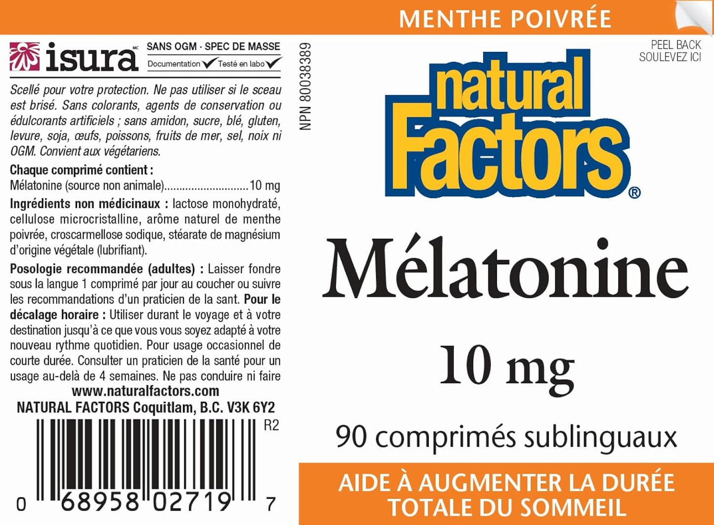 Natural Factors Melatonin 10mg, 60 Sublingual Tabs, Peppermint | Helps Increase Total Sleep Time, Reduces Effects of Jet Lag, Vegetarian, Non-GMO, Gluten Free