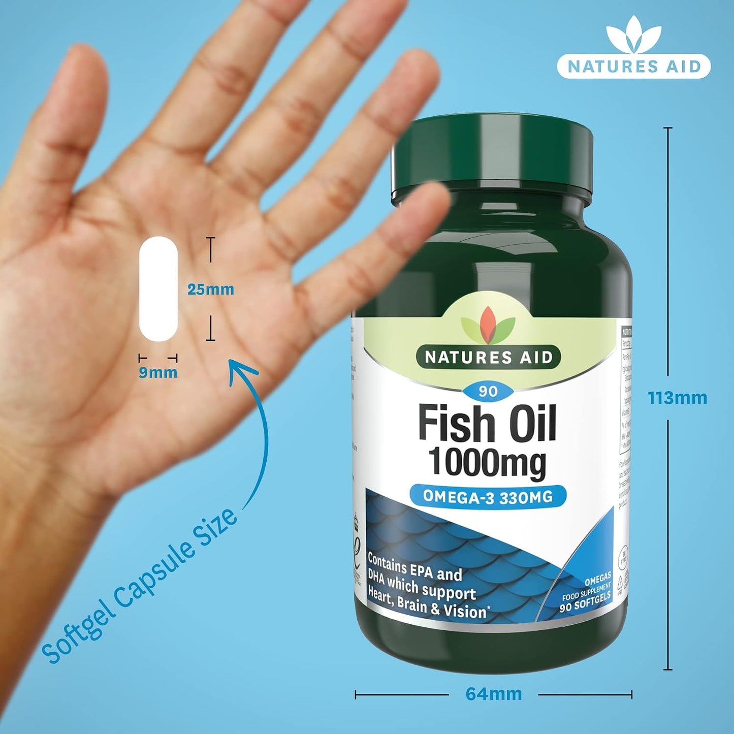 Natures Aid Omega-3 Fish Oil 1000mg – 90 Softgel Capsules | High Strength Omega-3 with DHA & EPA, Supports Heart, Brain, Vision, Immune & Joint Health