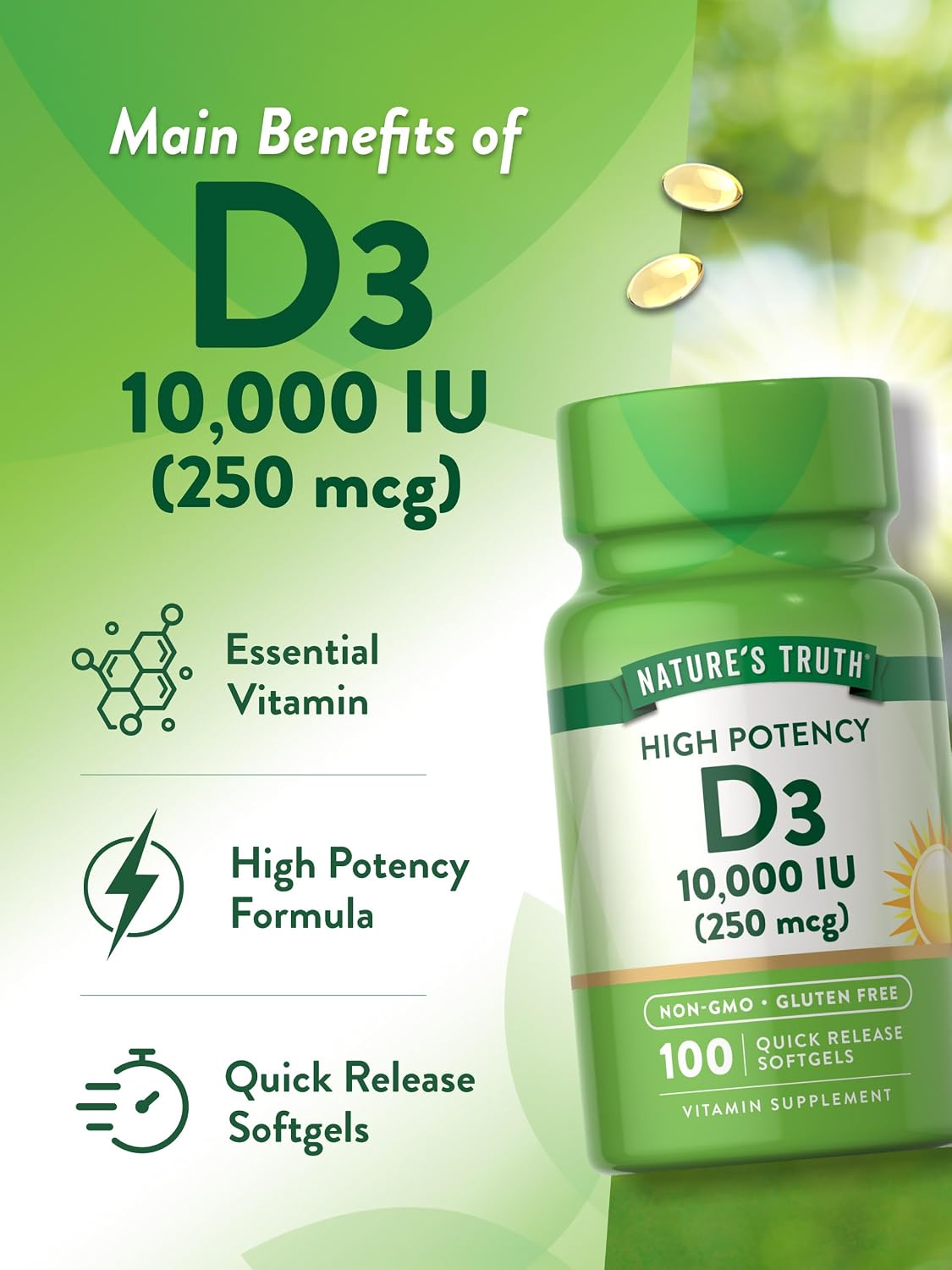 Nature's Truth D3 Vitamin 10,000 IU Softgels Supplement | 100 Count | High Potency Formula | Non-GMO and Gluten Free