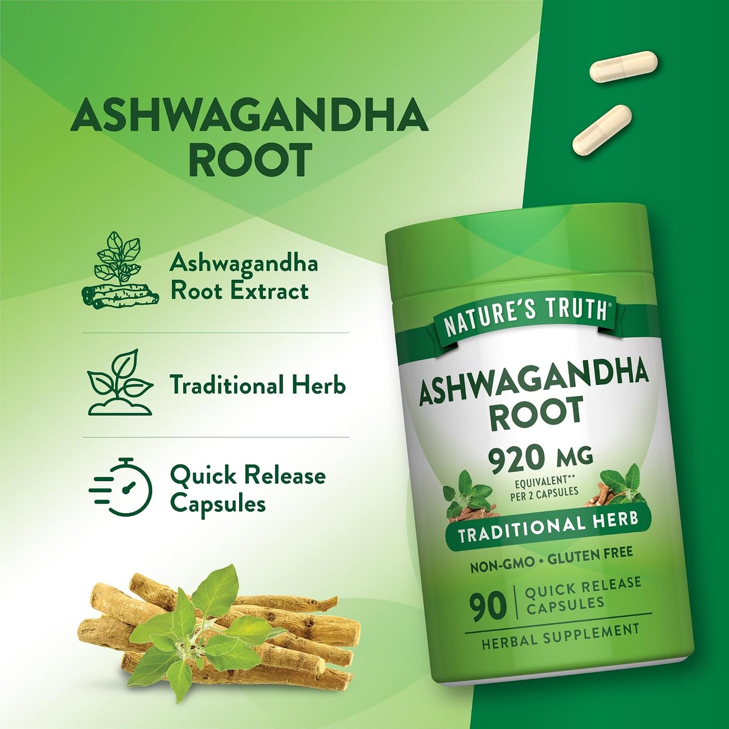 Nature's Truth Ashwagandha Capsules | Herbal Supplement | 90 Count | Non-GMO & Gluten Free