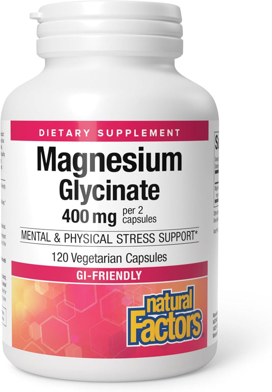 Natural Factors Magnesium Glycinate 400g - Whole-Body Health Support Supplement - Natural Magnesium Supplement Supports Sleep, Stress, Anxiety ,Bone Strength & Health - 120 Vegetarian Capsules (120 Servings)
