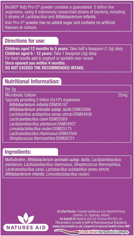 Natures Aid Bio360 Kidz Pro-5 Daily Microbiotic Supplement Powder - 90g | 5 Billion Friendly Bacteria, For Children 12 Months-12 Years, Sugar Free, Vegan