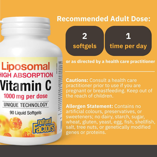 Natural Factors Liposomal Vitamin C 500mg, 90 Liquid Softgels | High Absorbtion Vit C, 1000 mg per Serving (2 Softgels), Immune Support, Antioxidants