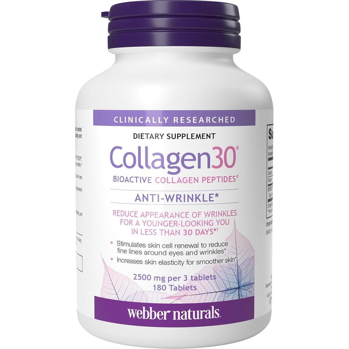 Webber Naturals Hydrolyzed Collagen Peptides, Anti-Wrinkle, 180 Tablets | Bioactive Collagen30, 60 Days Supply, Helps Reduce Deep Wrinkles, Fine Lines,