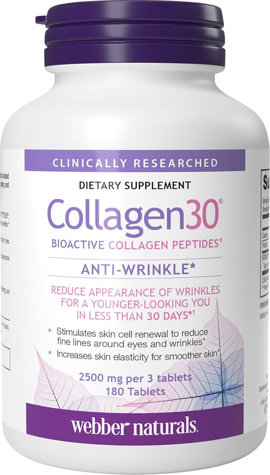 Webber Naturals Hydrolyzed Collagen Peptides, Anti-Wrinkle, 180 Tablets | Bioactive Collagen30, 60 Days Supply, Helps Reduce Deep Wrinkles, Fine Lines,